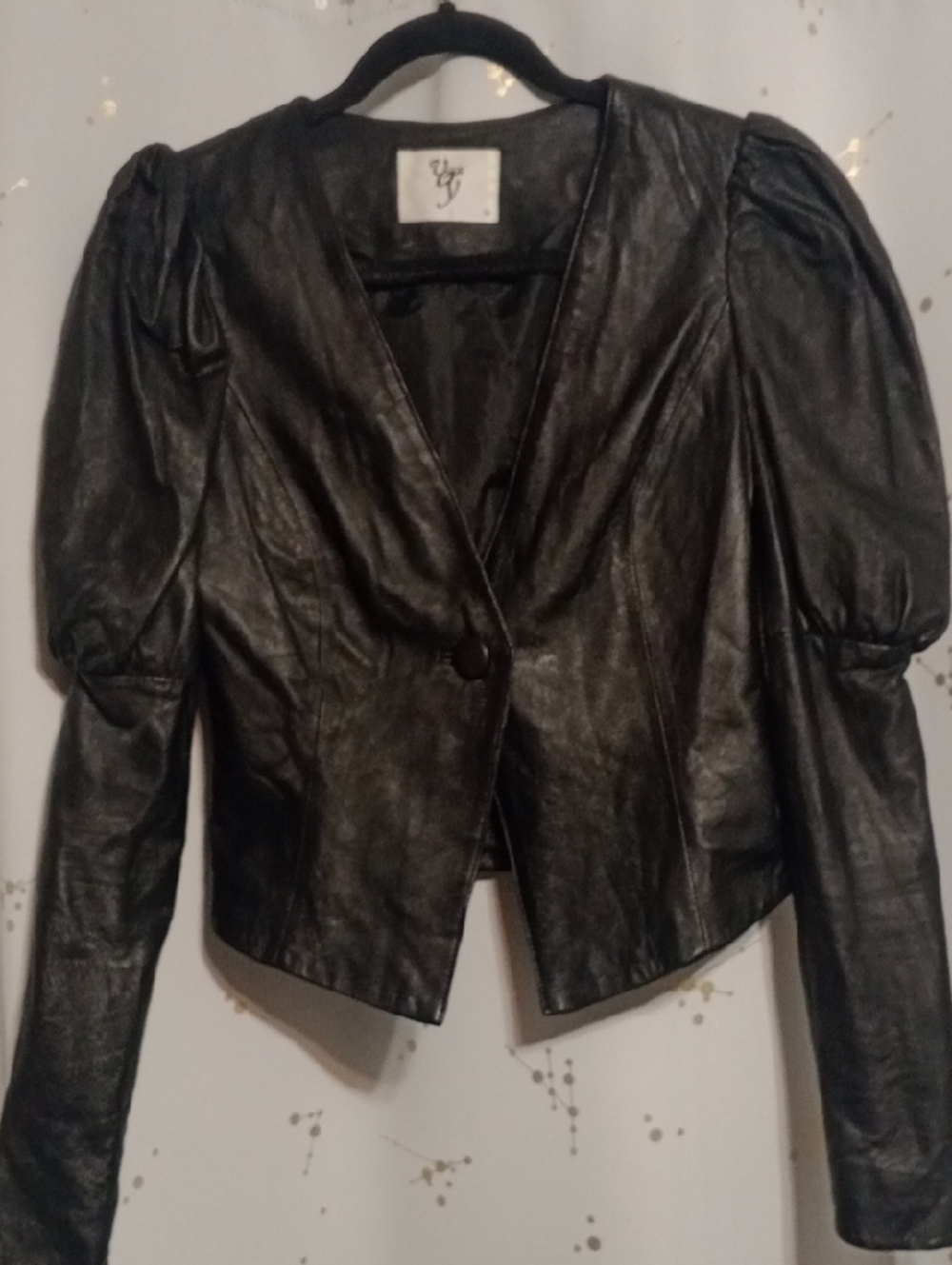 Women's Black Puff-Sleeve Leather Blazer Jacket